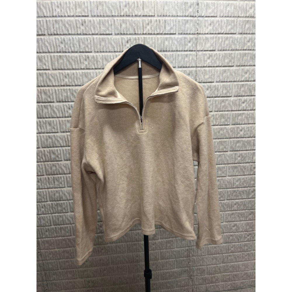 Beige Waffle Knit Quarter Zip Pullover Sweater Relaxed Fit CAA04B4L007GM L - Picture 1 of 2